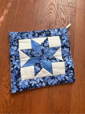 Handmade Quilted Star Potholder with Pocket - Blue & White Lone Star Hot Pad